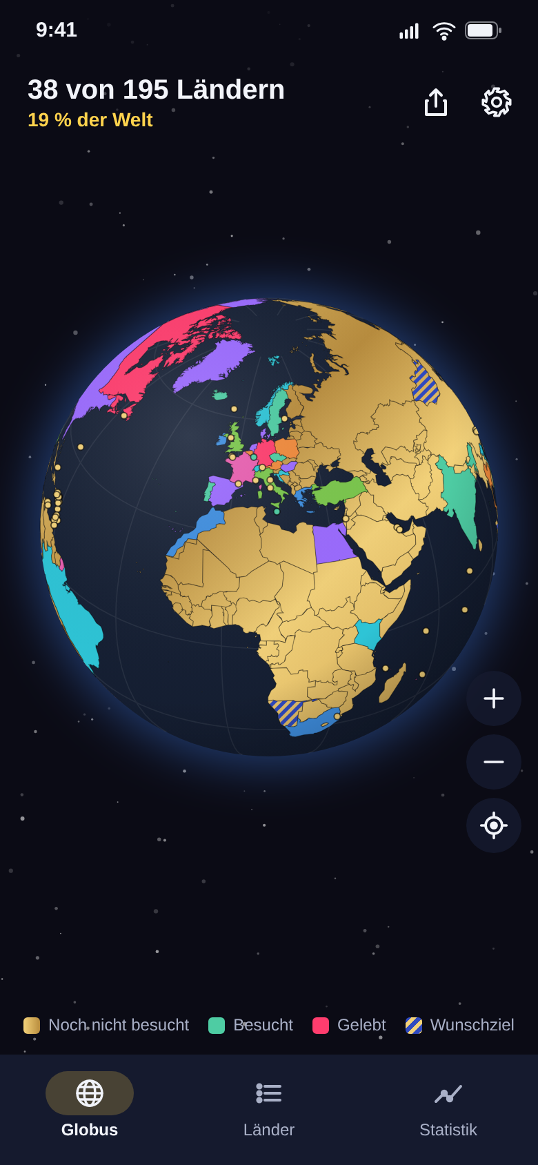 3D-Globus mit bunt freigerubbelten Ländern in Europa, Afrika und Amerika, oben 38 von 195 Ländern