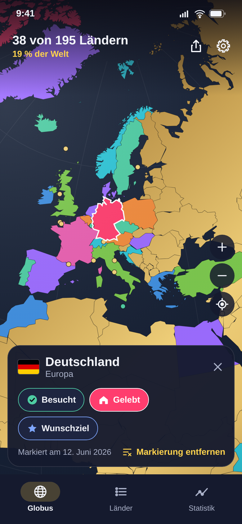 Deutschland mit dem Status Gelebt, daneben die Auswahl Besucht und Wunschziel